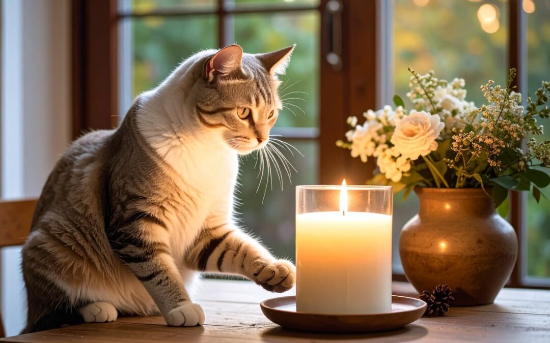 cat, candle and flower vase on the table